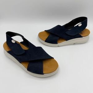 ON FOOT Navy Blue Suede Crossover Slingback Platform Sandals Size 37 / US 6.5